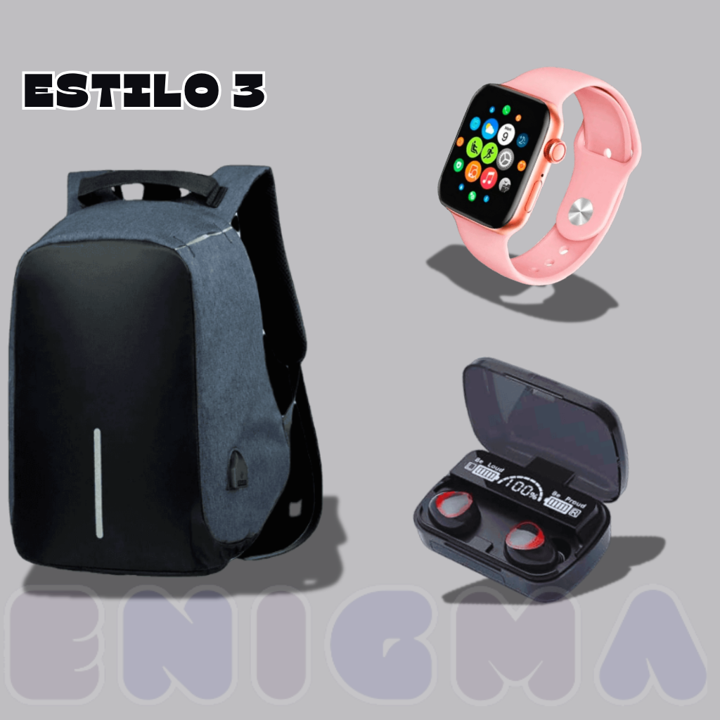 SUPER COMBO 3 EN 1 Maleta Antirrobo+ SmartWatch+ Audífonos